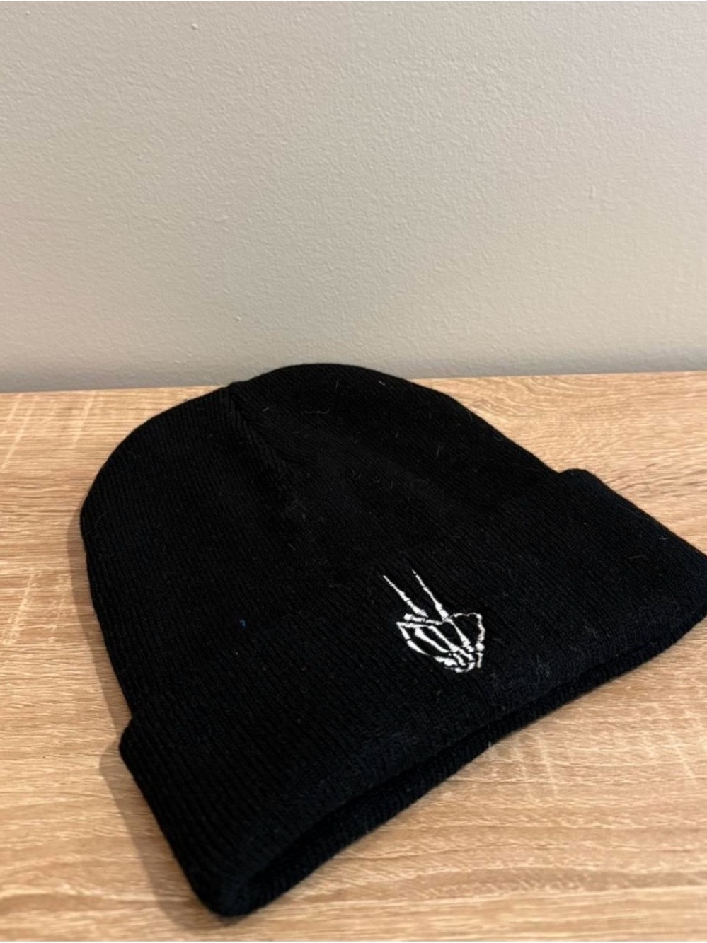 Black Beanie with White Skeleton Hand Embroidery